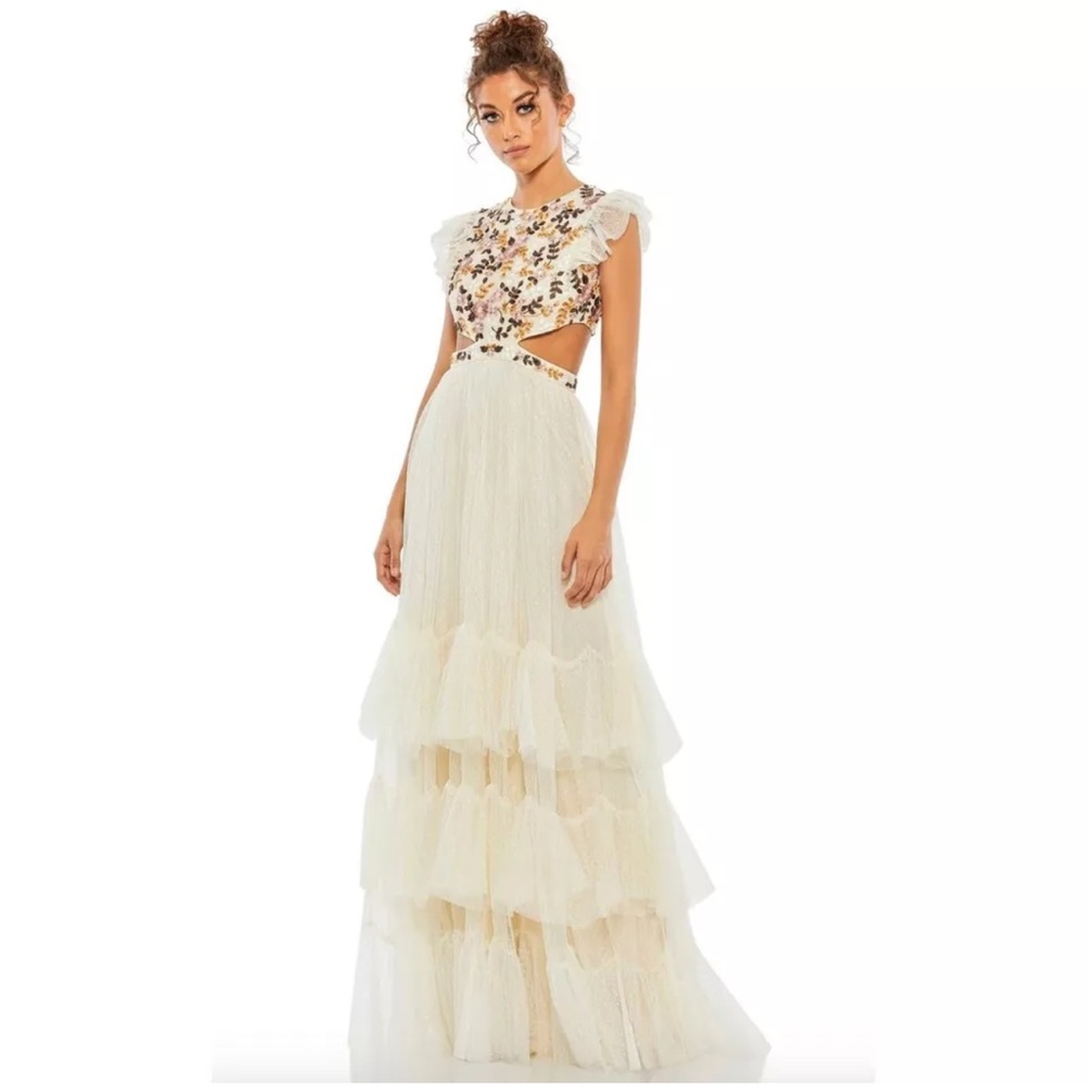 Mac Duggal 35106 Floral Embroidered Tiered Cutout Maxi Dress Size 8